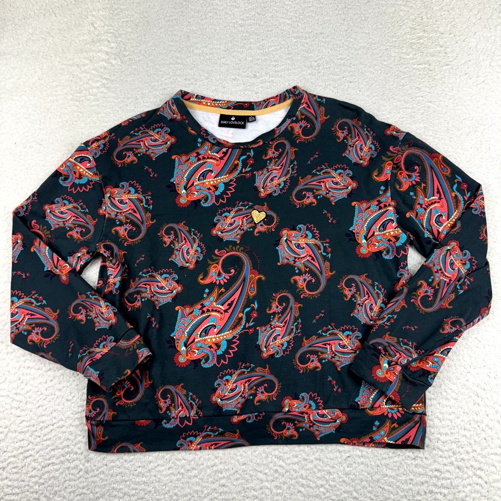 Emily Lovelock Shirt Women's Small Paisley AOP Embroidered Heart Boho‎ Cotton